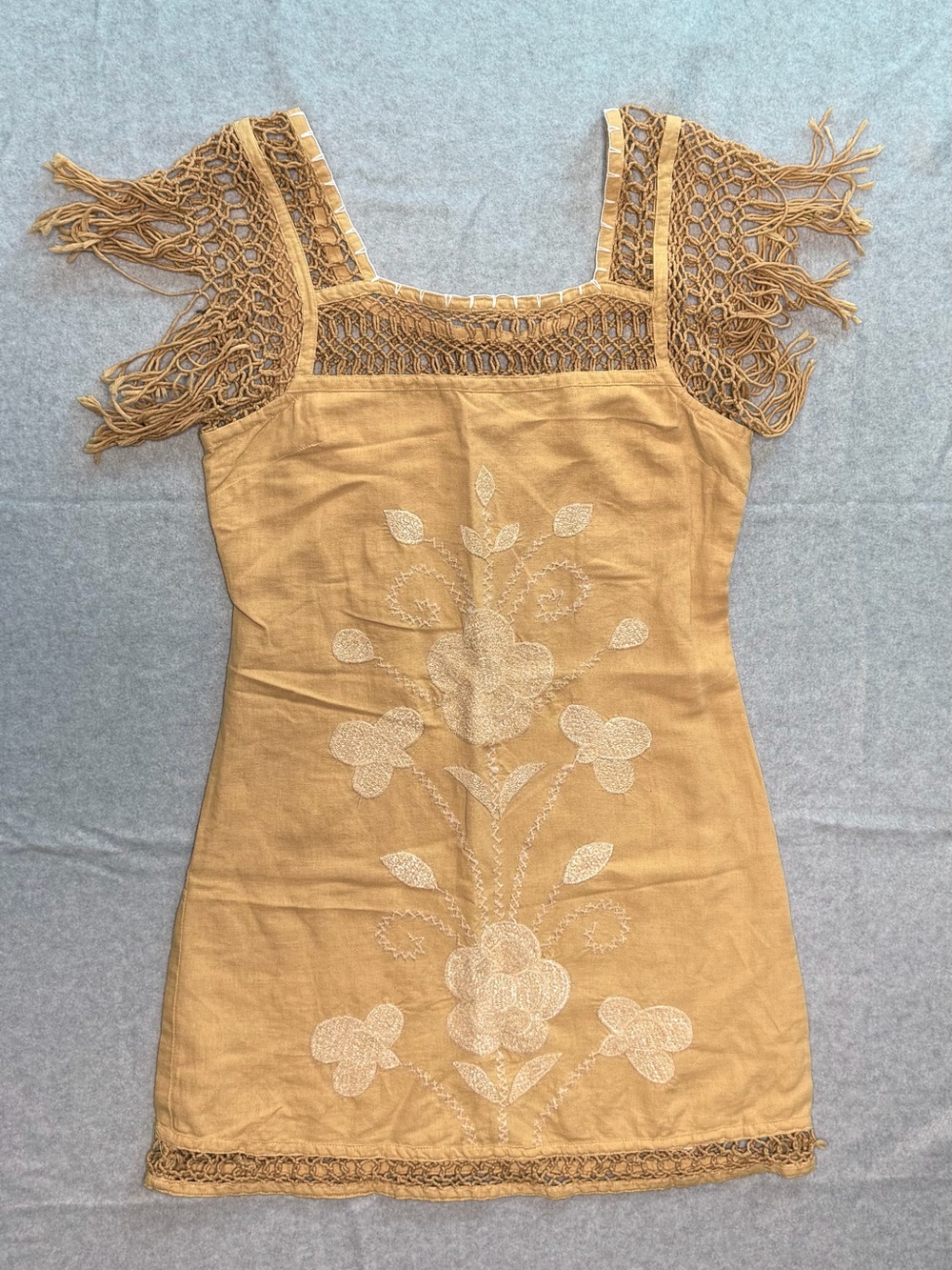 Free People Boho Mustard Embroidered Crochet-Sleeve Dress